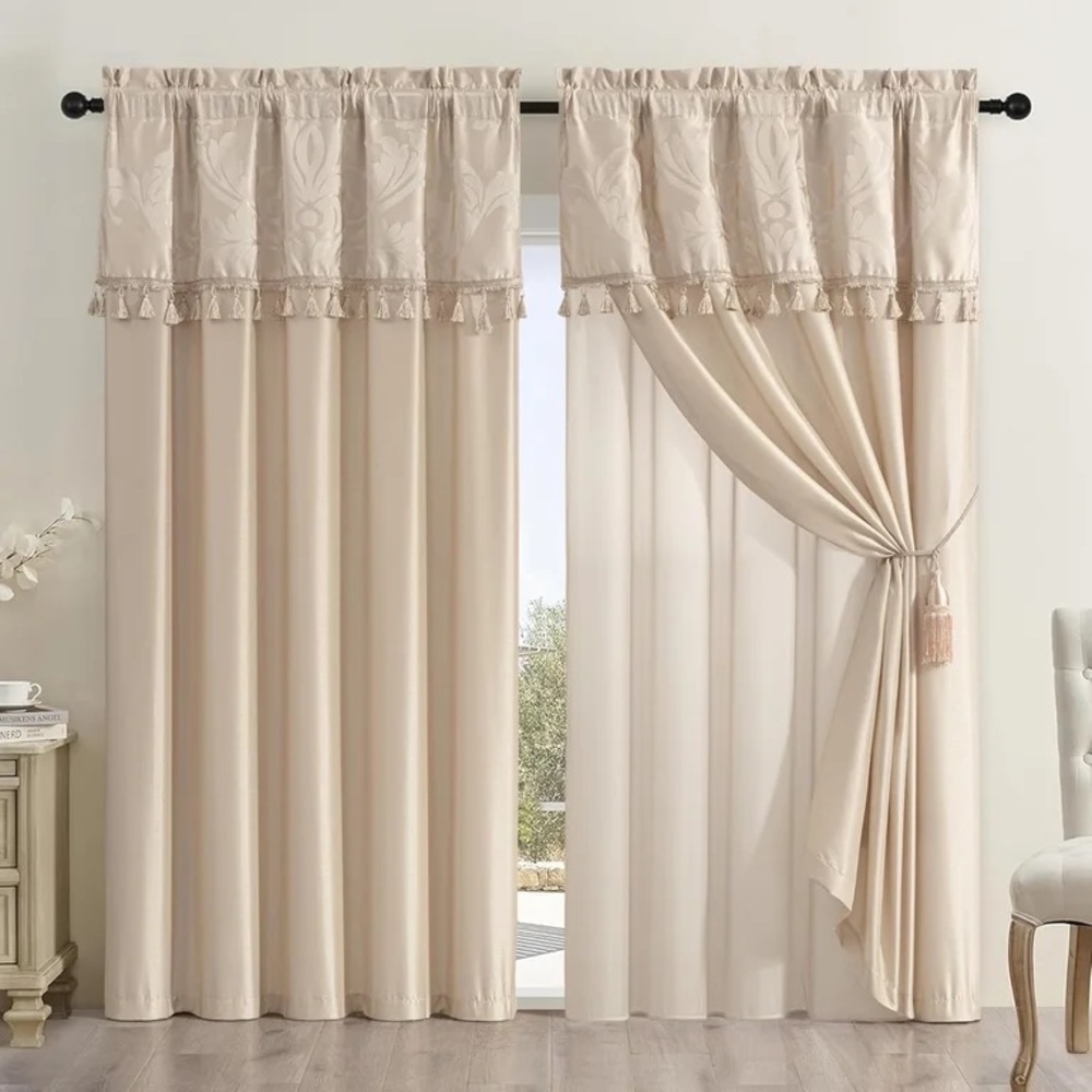 4-Piece Jacquard Floral Window Curtain Set, Champagne